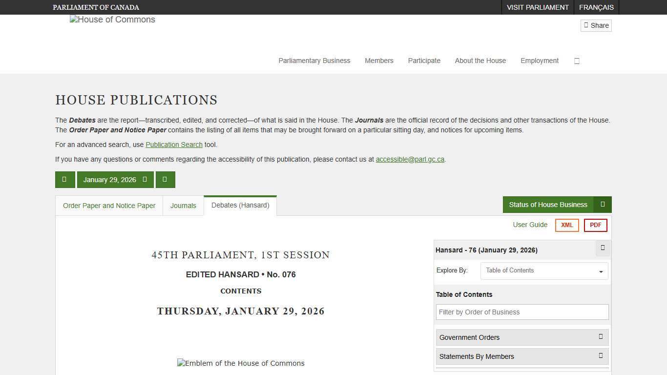 Debates (Hansard) No. 76 - January 29, 2026 (45-1) - House of Commons of Canada